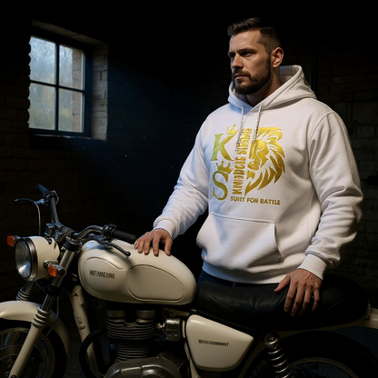KINGDOM STRONG "BUILT FOR BATTLE" HEAVY SIGNATURE HOODIE METALIC GOLD LION LOGO