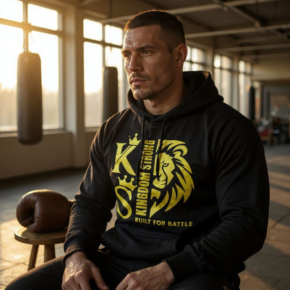 KINGDOM STRONG "BUILT FOR BATTLE" HEAVY SIGNATURE HOODIE METALIC GOLD LION LOGO