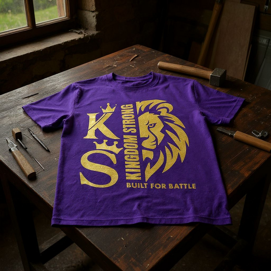 KINGDOM STRONGS "BUILT FOR BATTLE" SIGNATURE HEAVY T-SHIRT WITH METALLIC GOLD LOGO